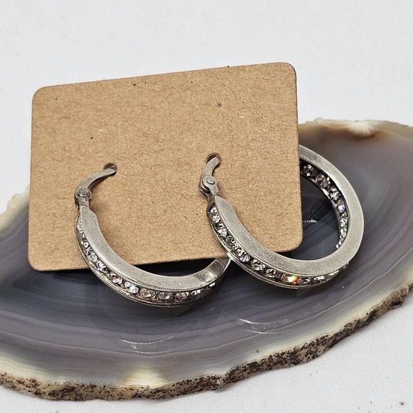 925 STERLING SILVER - Shiny Crystal Round Hoop Earrings - Picture 12 of 12